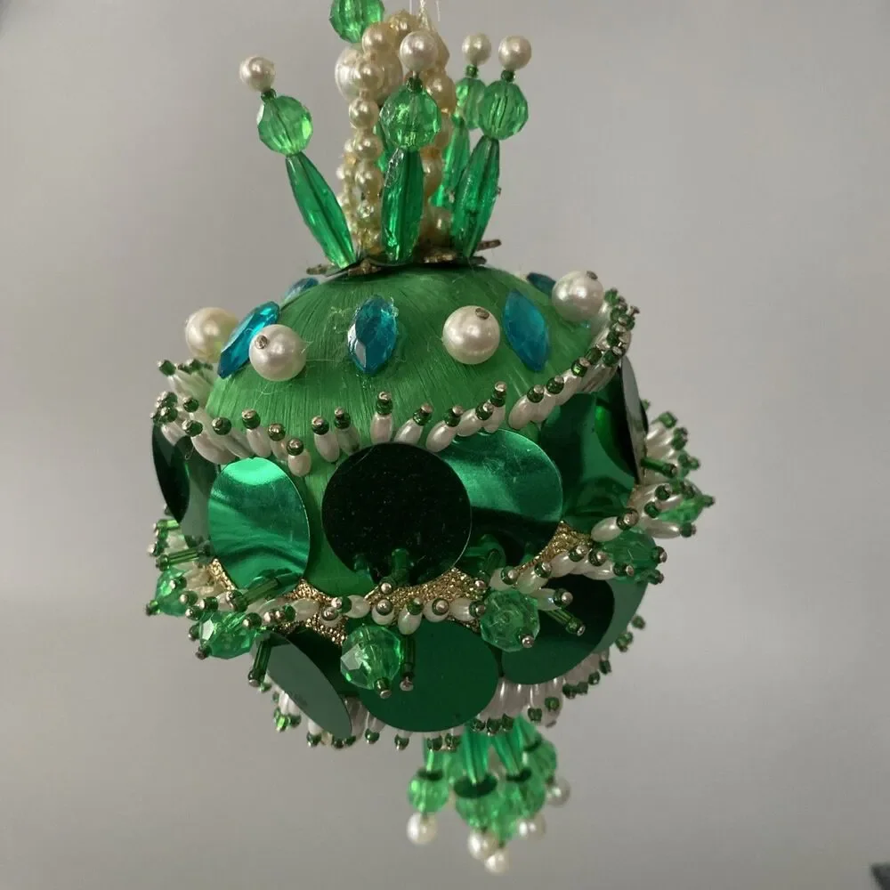 Vintage Christmas Green Beaded Push Pin Satin Ball Ornament Large Handmade Fancy